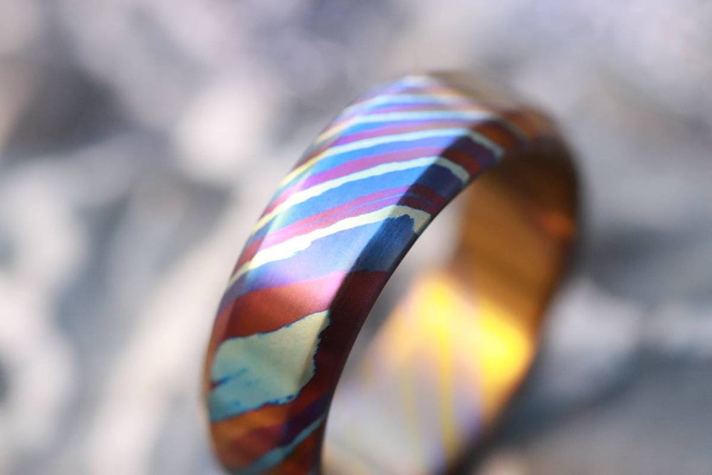 Solid Timascus ring 7-8mm ring  timascus ring, mokuti ring chamfered ring colorful ring wedding band