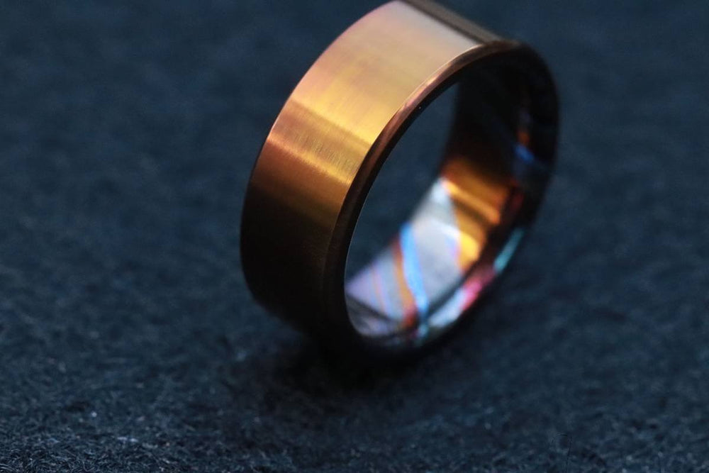 8mm titanium ring Black / ZrTi brushed titanium timascus ring,black timascus ring, mens rings weddingrings, zirconium damascus orange ring