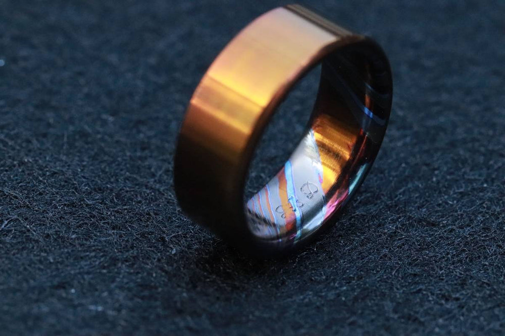 8mm titanium ring Black / ZrTi brushed titanium timascus ring,black timascus ring, mens rings weddingrings, zirconium damascus orange ring