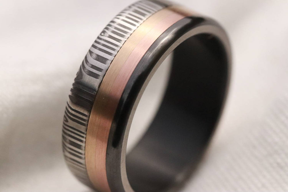 8mm wide Rose Yellow Gold damasteel stainless damascus Zirconium ring 14k or 18k customizable ring mens wedding bands Gold rings