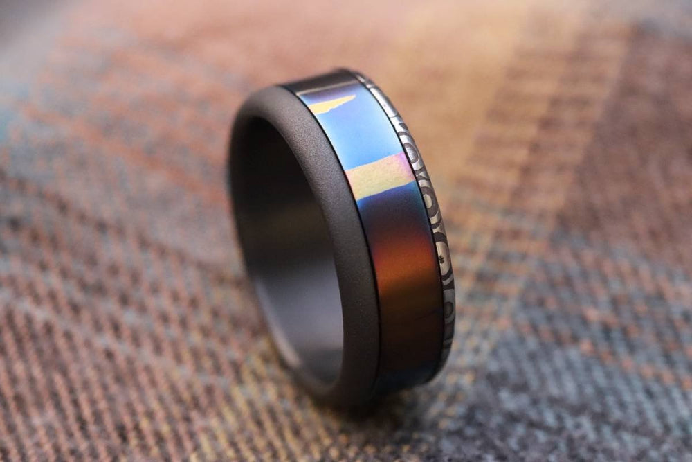New*8mm Hawaiian Mokuti ring lined  Timascus ring Mokuti & Stainless Damascus steel ring damasteel &quot;fenja&quot;timascus ring black ring zirconium