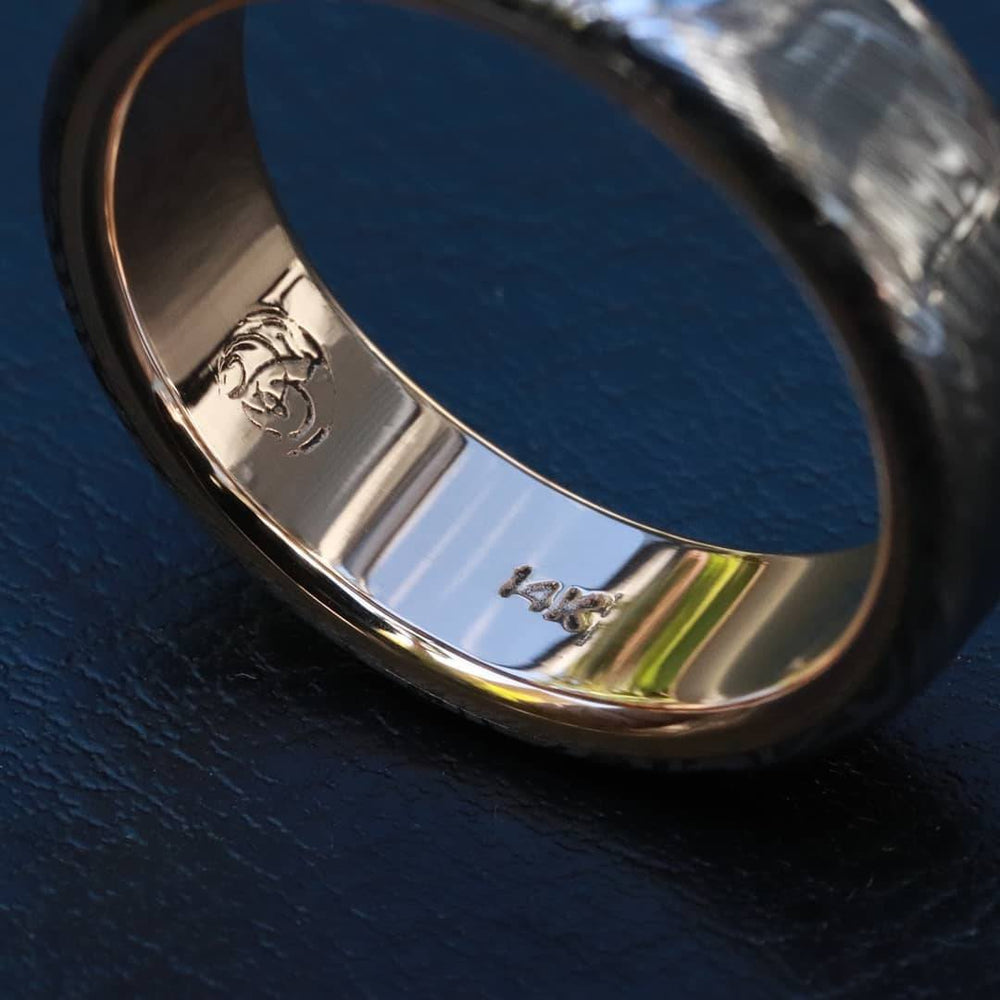 Gold & Stainless Damascus  7mm ring &quot;black coral&quot; stainless damscus steel gold ring 14k 18k mens wedding ring mens rings