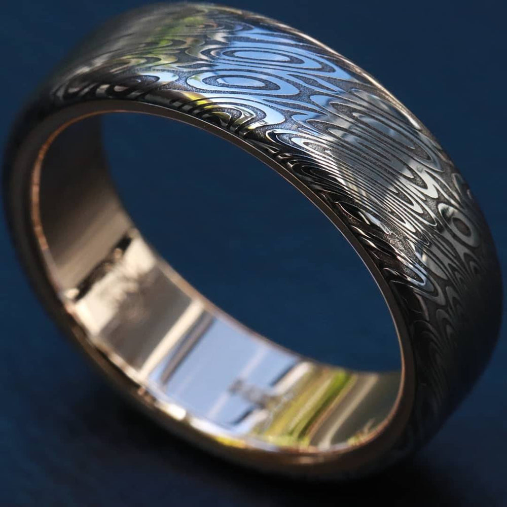 Gold & Stainless Damascus  7mm ring " black coral" stainless damscus steel gold ring 14k 18k mens wedding ring mens rings