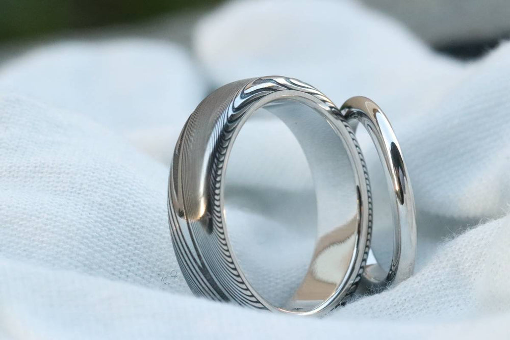 Platinum wedding set 2 platinum ring platinum gold rings damasteel his and her&#39;s wedding bands stainless damascus wedding ring customizable