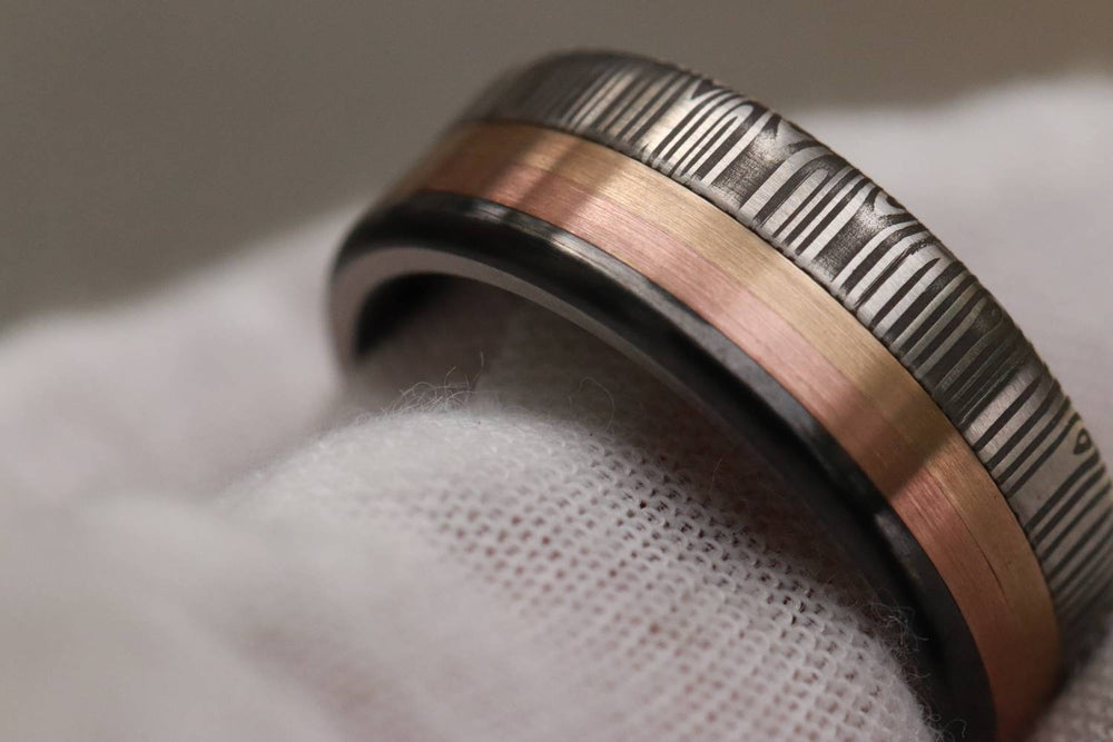 8mm wide Rose Yellow Gold damasteel stainless damascus Zirconium ring 14k or 18k customizable ring mens wedding bands Gold rings