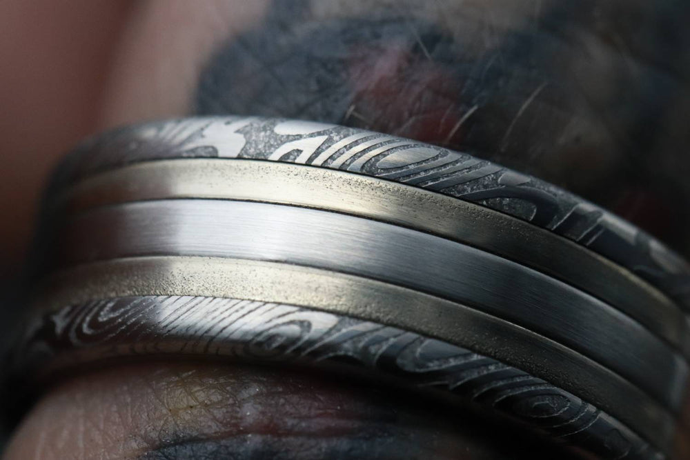 8mm wide Platinum and white gold and damasteel stainless damascus Zirconium lined 14k or 18k customizable ring mens wedding bands Gold rings