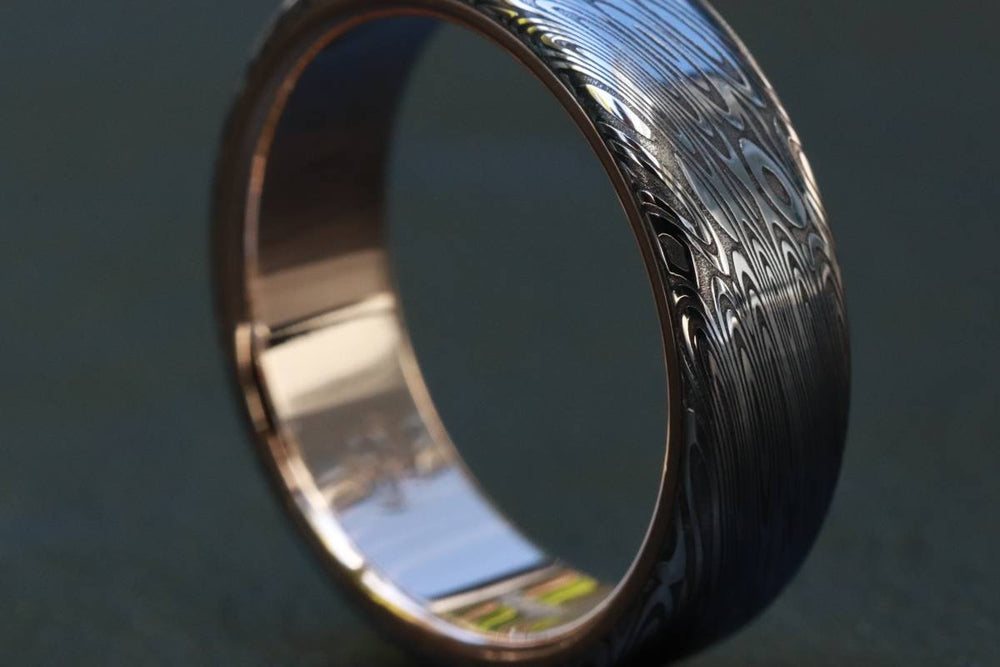 Gold & Stainless Damascus  7mm ring &quot;black coral&quot; stainless damscus steel gold ring 14k 18k mens wedding ring mens rings