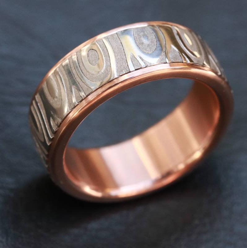 Rose Gold & Stainless Damascus damasteel 14k 18k customizable stainless damascus steel ring gold ring rosegold ring