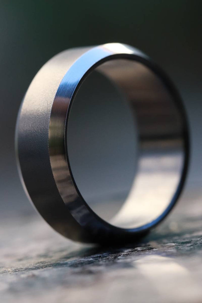 Black titanium ring 8mm wide black chamfered titanium ring