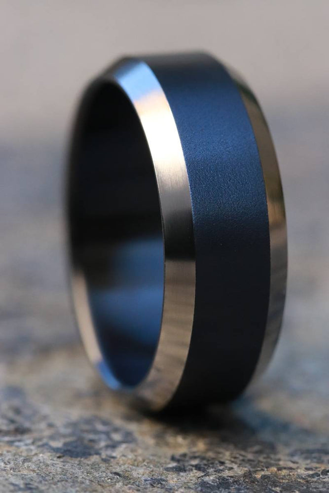 Black titanium ring 8mm wide black chamfered titanium ring