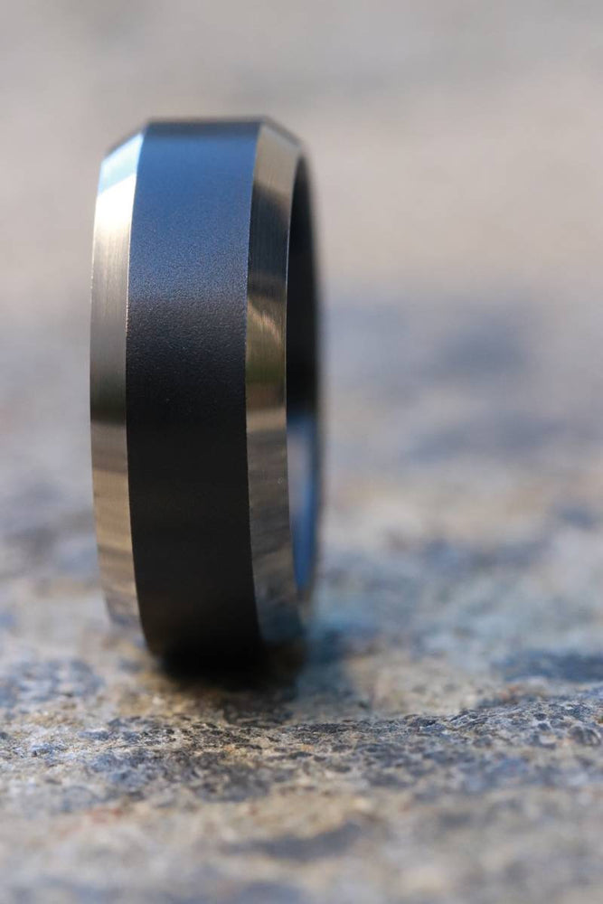 Black titanium ring 8mm wide black chamfered titanium ring