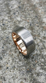 Gold & Stainless Damascus  7.5mm ring &quot;wood-grain&quot; extra polished finish damscus steel gold ring