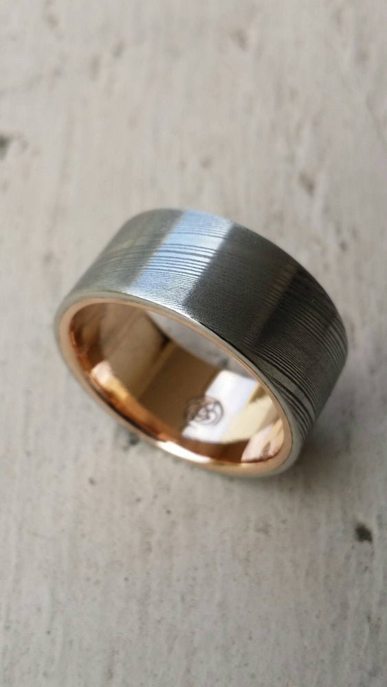 Gold lined & Stainless Damascus steel rose 10mm wide Customizable band mens damascus ring gold lined ring mens wedding ring