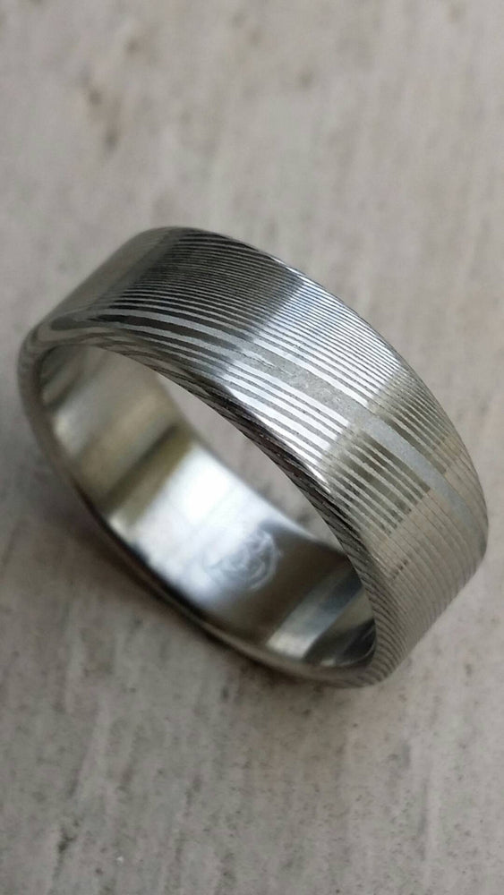 Damascus ring Stainless steel Damascus &quot;WOODGRAIN&quot; Customizable ring! Med /light color etch damascus steel ring